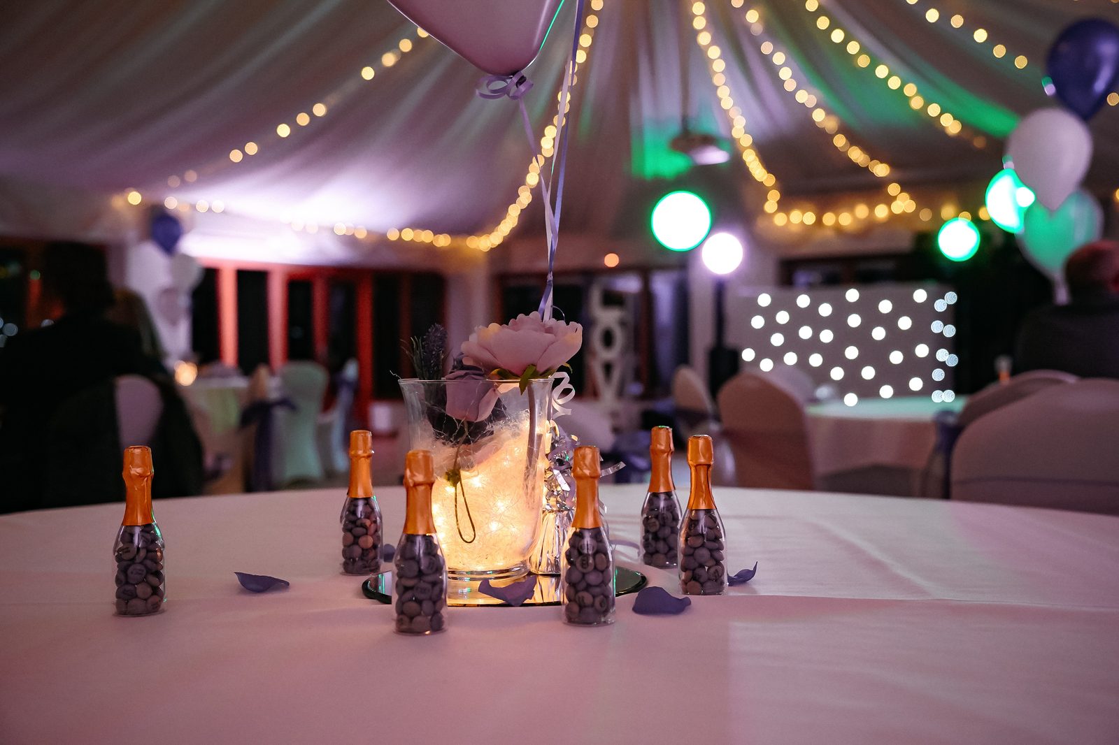 Ivy Hall dressed for a reception beneath a canopy of fairy lights